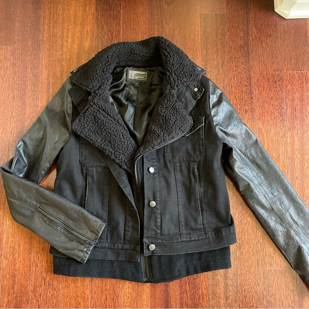 Current/Elliot The Studio Jacket Piston Leather Shearling Layer Black Size Small